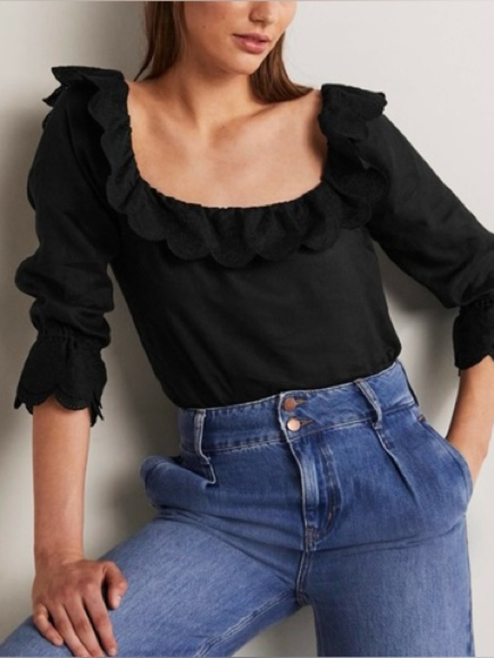 BODEN Linen Square Neck Frill Blouse Embroidered Ruffle Black 6